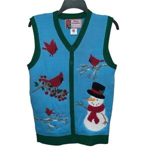 Merry Christmas Woman's Sweater Vest V Neck Cardinal Button Down‎ Size Small